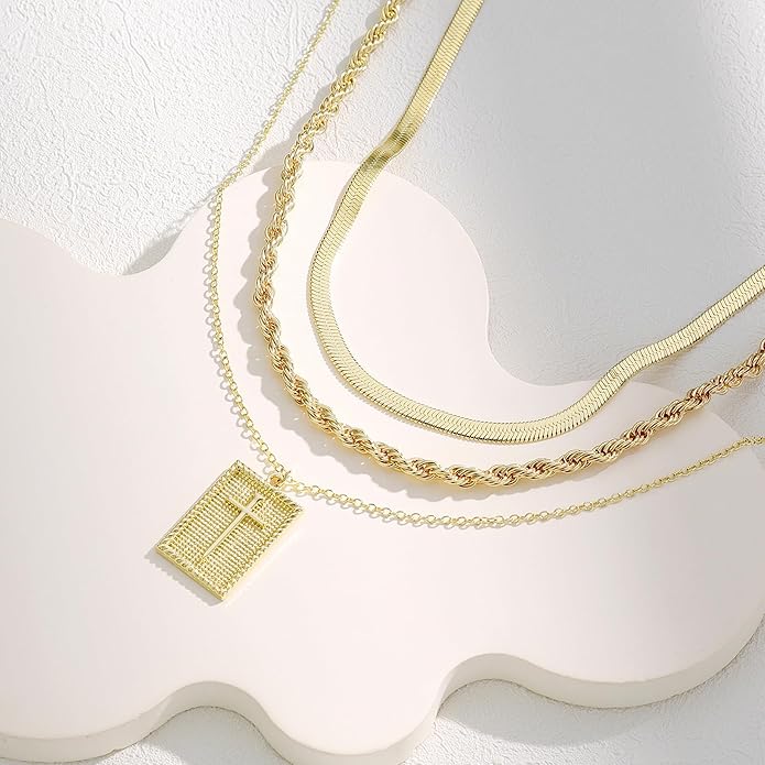Evabelle Gold Layered Necklace for Women Trendy Jewelry 14K Real Gold Plated Chunky Chain Stackable Necklaces Dainty Choker Necklaces Rectangle Square Pendant