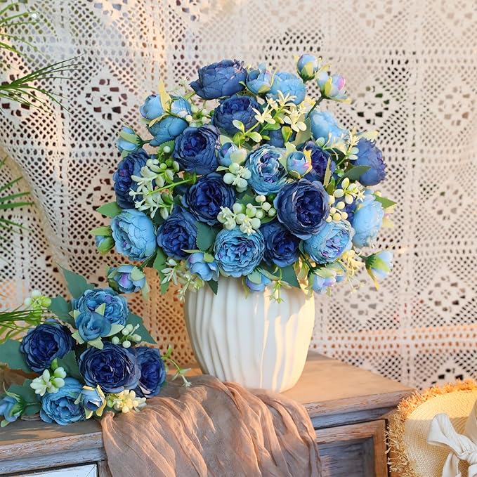 Floweroyal 4 Bunches Peony Artificial Flowers Teal Blue Flowers Silk Peonies Bouquets for Wedding Party Table Centerpieces Floral Arrangement Home Kitchen Decor