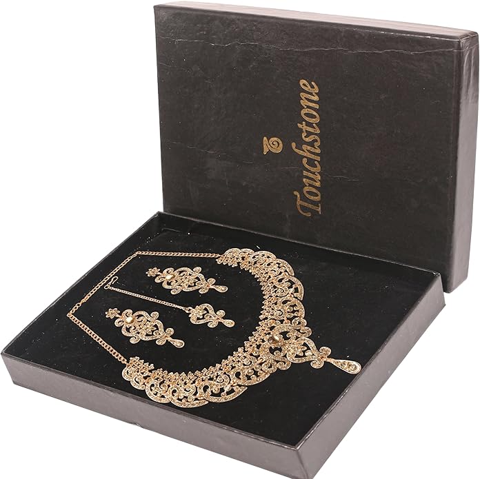 Touchstone Indian jewelry set for women bollywood gold jewellery wedding outfits necklace sets earrings bridal maang tikka fancy costume girls big desi accessories rhinestone in gold or silver tone