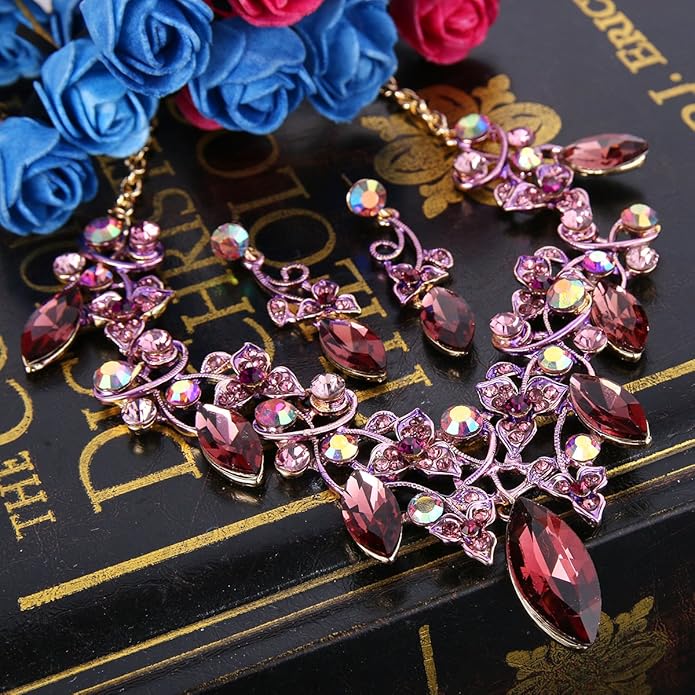 BriLove Women's Costume Fashion Crystal Floral Vine Leaf Statement Necklace Dangle Earrings Set