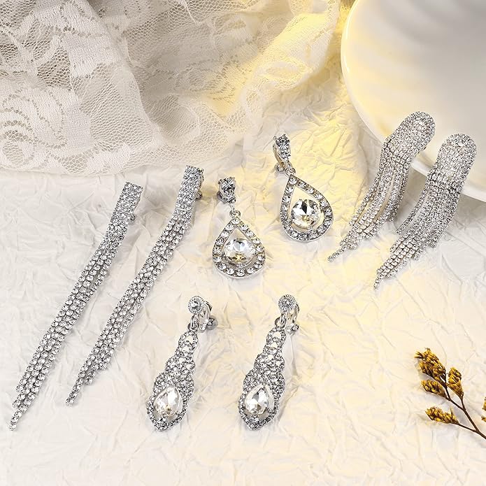 THUNARAZ 4 Pairs Silver Clip on Earrings for Women, Sparkly Rhinestone Tassel Chandelier Teardrop Dangle Earrings for Brides Bridesmaids Non Pierced Prom Jewelry Set