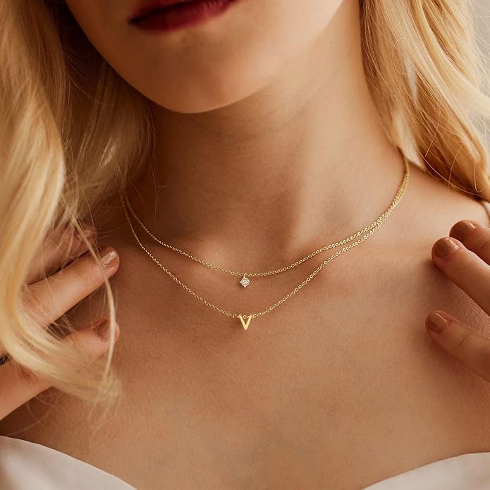 Layered Initial Necklaces for Women, 14k Gold Plated Letter Necklace Set Dainty Gold Initial Necklace Stack Cute Layering Choker Necklaces for Women Trendy Fashion Jewelry