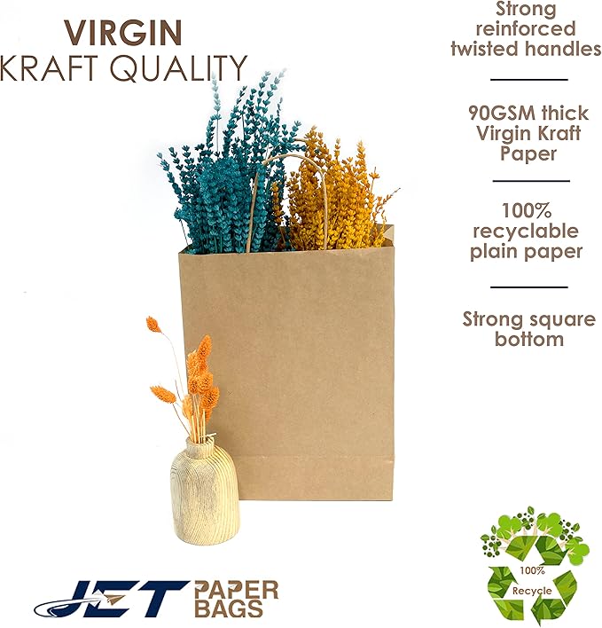 JET PAPER BAGS - 8”x4”x9” Inch [100 Pcs] Brown Paper Bags with Handles Prime for Takeout, Grocery, Goody, Retail, Party, Gifts, Weddings - Recyclable Kraft Paper Gift Bags with Handles