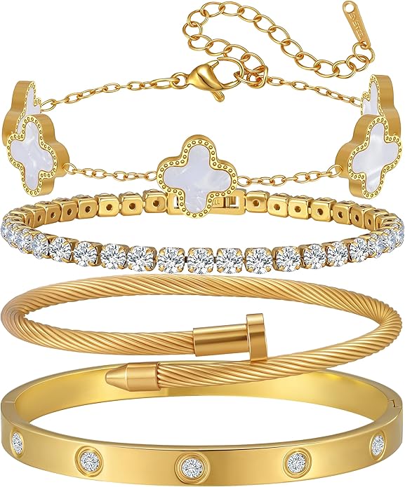 18K Gold Plated Bangle Bracelets Stack for Women,Four Leaf Clover Stackable Bracelets Non Tarnish,4 Pcs Jewelry sets Gifts