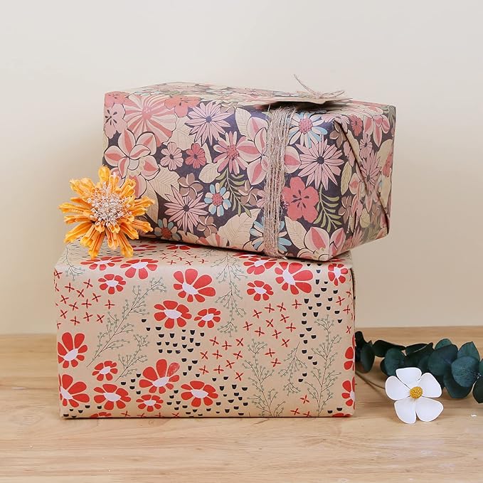 Aimyoo Kraft Floral Wrapping Paper Bundle, Vintage Sunflower Flower Gift Wrap Paper for Wedding Bridal Shower Birthday Rolls of 4, 17 in x 12 ft per Roll