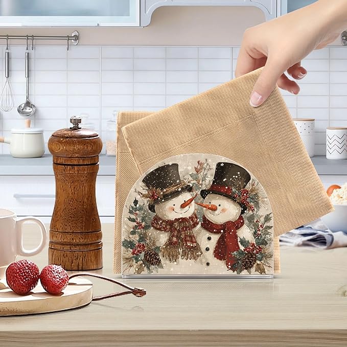 Christmas Snowman Napkin Holder for Paper Napkins Kitchen Tables Xmas Party Retro Acrylic Vertical Napkin Holders Freestanding Napkins Dispenser