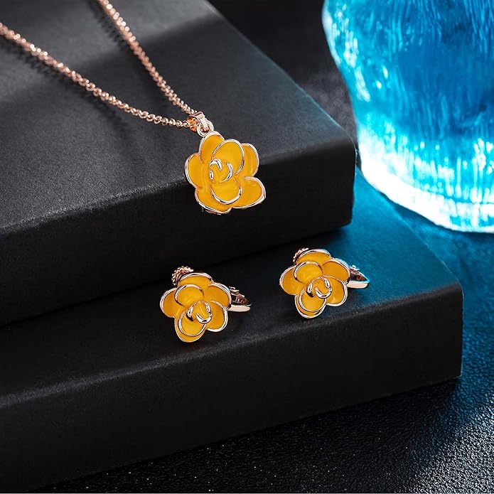 Dainty Rose Flower Pendant Necklace Clip On Earrings Set for Women 14K Gold Plated Hypoallergenic Jewelry Sets