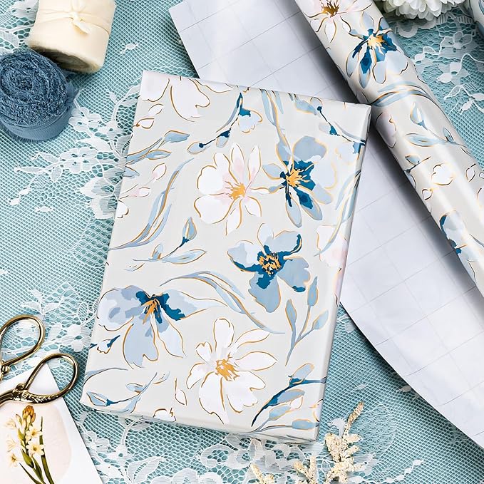 MIMUTI Blue and White Floral Wrapping Paper - 17 in x 33 ft - Gift Wrap with Watercolor Flowers, Branches and Leaves - Perfect for Wedding, Bridal Shower, Mother's Day, Valentine's Day