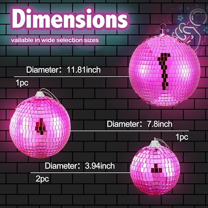 Nuenen 4 Pcs Large Pink Disco Ball Mirror Disco Ball 70s Mellow Hanging Disco Ball Stage Lightning Effect for 70s Theme Party Dj Props Wedding Birthday Decoration(8", 6", 4")