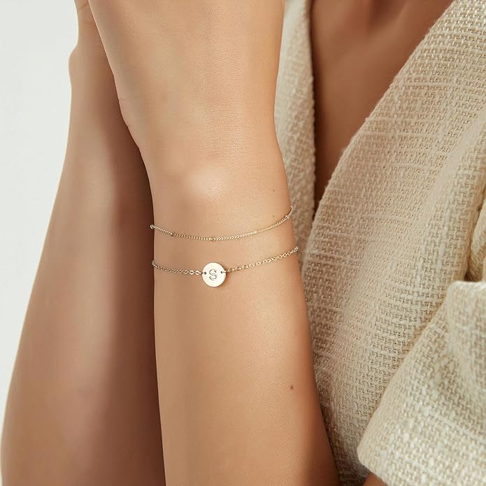 MONOZO Gold Initial Bracelets for Women Girls Valentines Day Gifts - Dainty 14K Gold Plated Layered Beaded Letter Initial Bracelet 26 Alphabet Disc Monogram Charm Bracelet Valentines Day Gifts for Her
