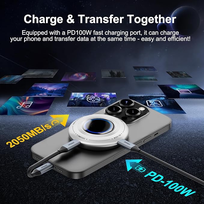 FP108 2TB Magnetic Portable SSD, External Solid State Drives with PD-100W and 2050MB/s USB-C 3.2 Gen 2x2, Play While Charging, Compatible with iPhone 16/15 Pro Max, Android, PC, Mac, Switch Lite