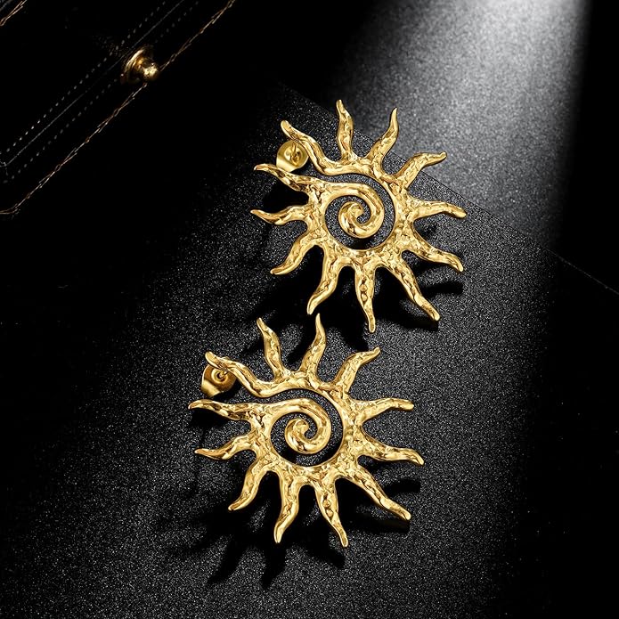 Vintage Gold Statement Stud Earrings, Stainless Steel Chunky Drop Dangle Thick Earrings, Geometric Design with Pearl Accents, Textured Sun Round Heart Pattern for Women
