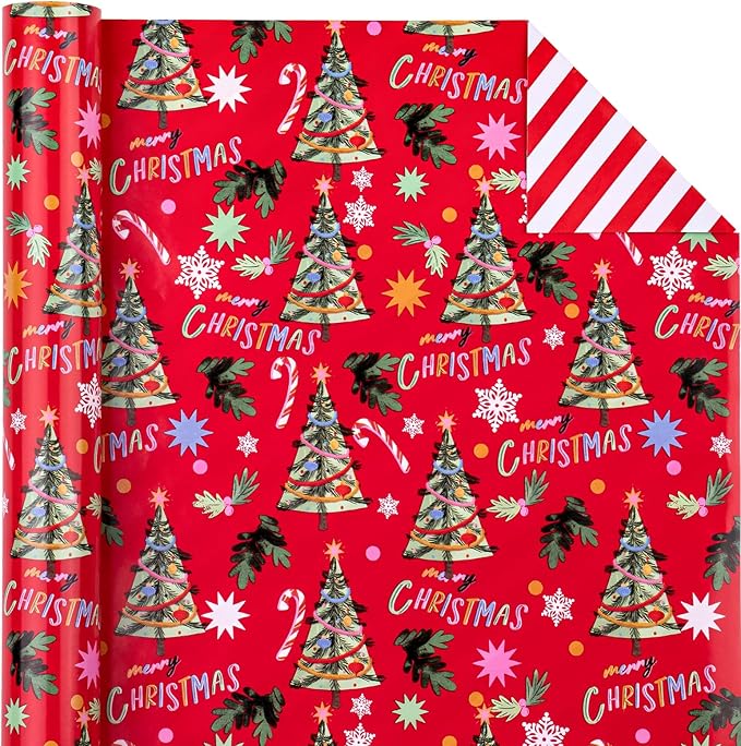 WRAPAHOLIC 30 Inch Jumbo Reversible Christmas Wrapping Paper - 30 Inch x 33 Feet - Red Christmas Tree Wrapping Paper and Stripe Design for Holiday, Party Celebration