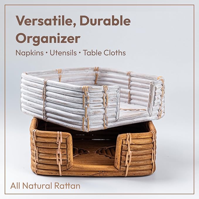 Square Rattan Napkin Holder for Bathroom – 7.5"x7.5" Handwoven Guest Towel Tray for Disposable Paper Napkins, Eco-Friendly Organizer Basket for Countertop & Vanity (White Wash)