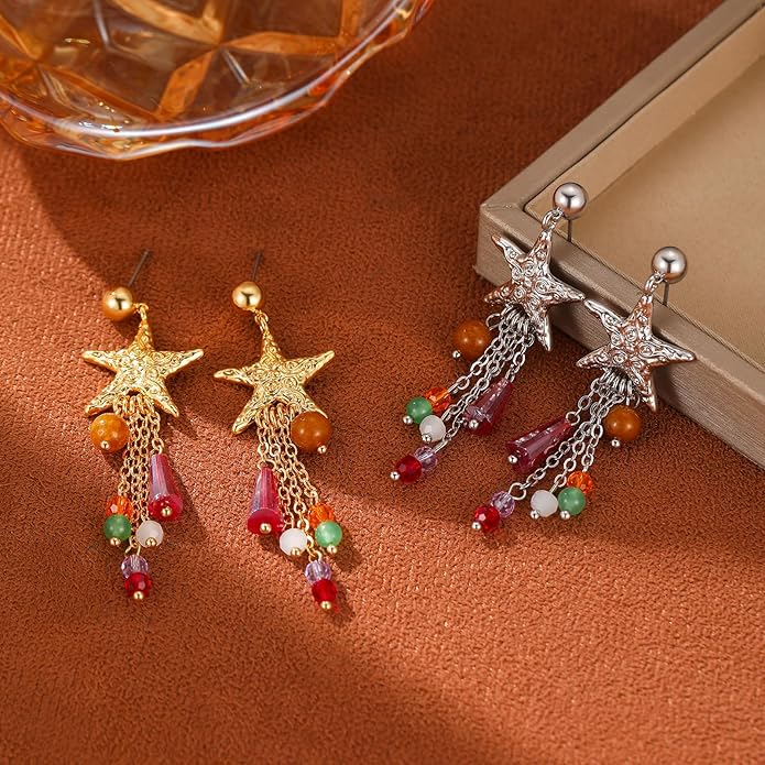 Boho Tassel Hoop Earrings for Women 14K Gold Pearl Earrings Dainty Colorful Bead Pendant Earrings Ethnic Style Statement Jewelry for Vacation Festival Party