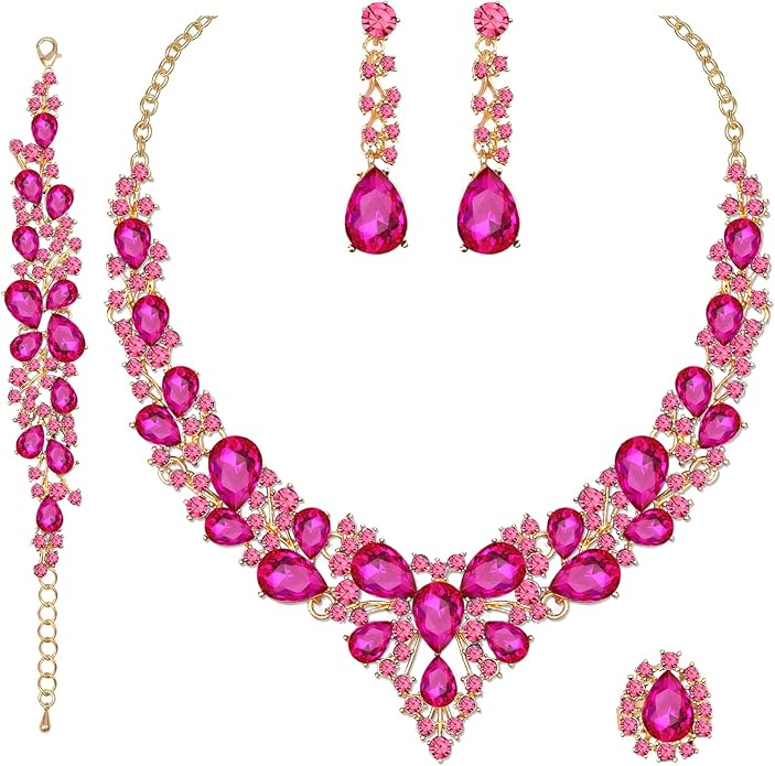 CSY 4 Pcs/Set Austrian Crystal Necklace Earrings Bracelet Ring Bridal Jewelry Sets for Brides Wedding Party Costume Accessories Gifts for Women