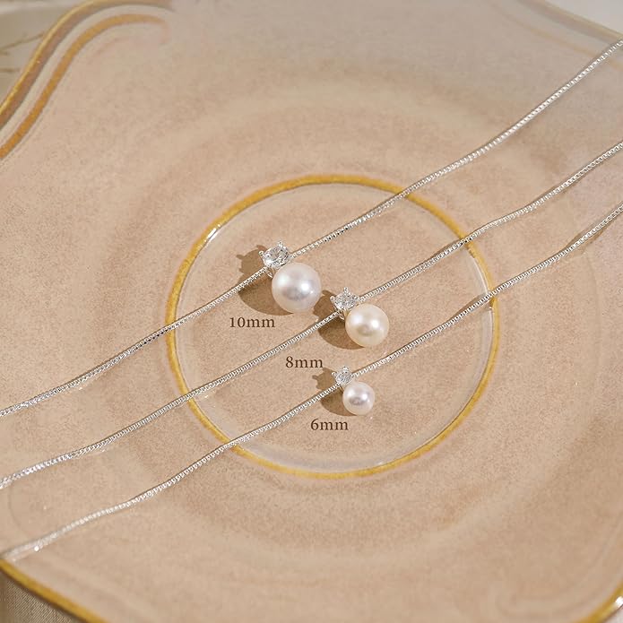 WFYOU Pearl Necklaces for Women Trendy 6MM 8MM 10MM Dainty Round Natural Freshwater Pearl Necklace Silver 14K Gold Plated CZ Pearls Necklaces for Women Birthday Bridesmaid Wedding Gifts Pearl Jewelry