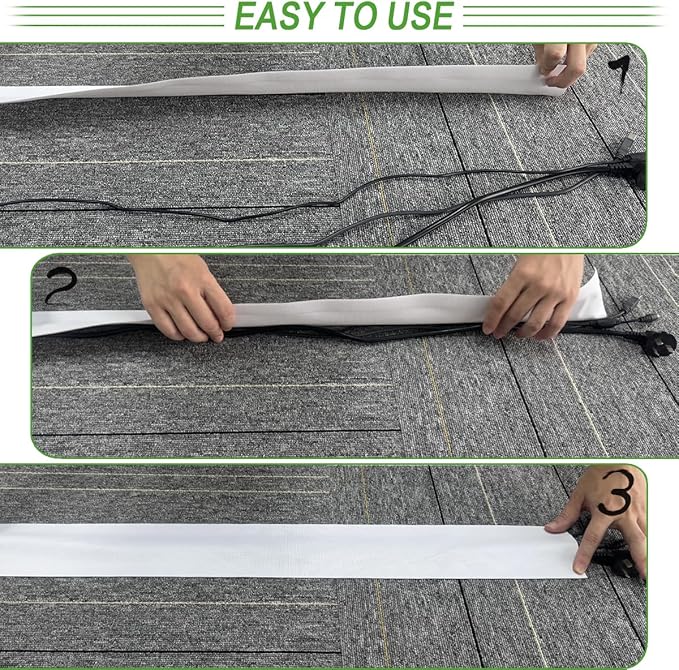 Floor Cable Covers - 10ft Oxford Fabric Cord Protector with Adhesive Hook & Loop,Waterproof Wire Storage Sleeve for Any Floor Surface,Durable Cable Management to Prevent Tripping Hazards (White, 10ft)