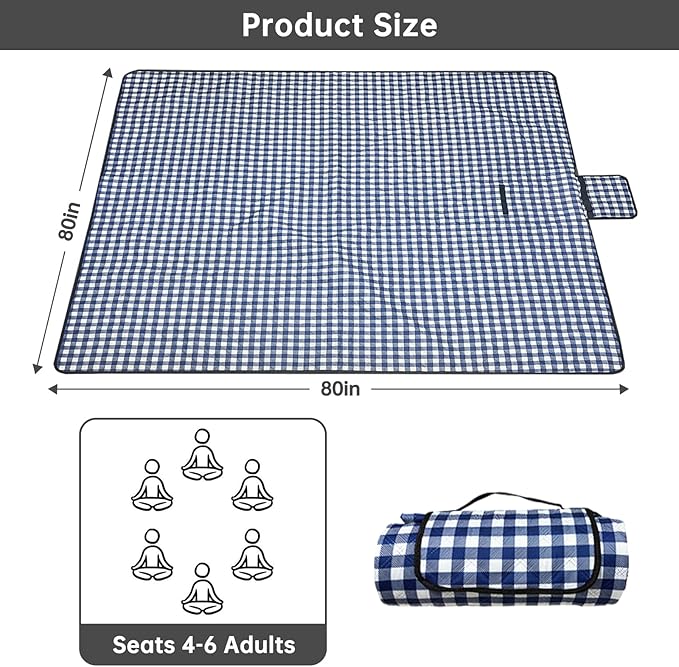 WIN&YING Waterproof Picnic Blanket, 3-Layer 80'' x 80'' Extra Large Picnic Blankets, Outdoor Blanket Foldable and Washable for Beach, Camping, Park, Grass