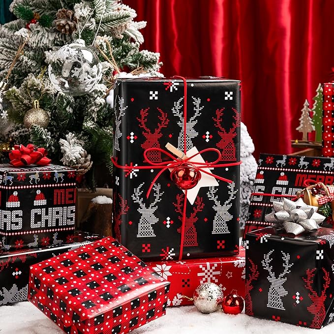 MAYPLUSS Christmas Wrapping Paper Jumbo Rolls - 30IN X 120IN - 4 Roll - Merry Christmas Reindeer Snowflake Plaid for New Year Holiday Party Kids