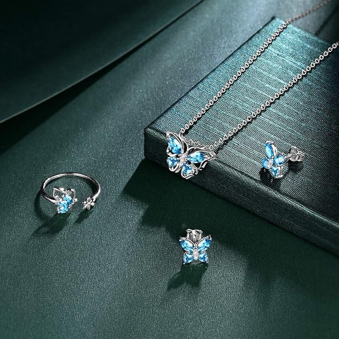925 Sterling Silver Birthstone Butterfly Jewelry Women Crystal Animal Cute Butterflies Birthday Necklace/Earring/Ring/Bracelet Sets Birth Stone Statement Anniversary Jewellery