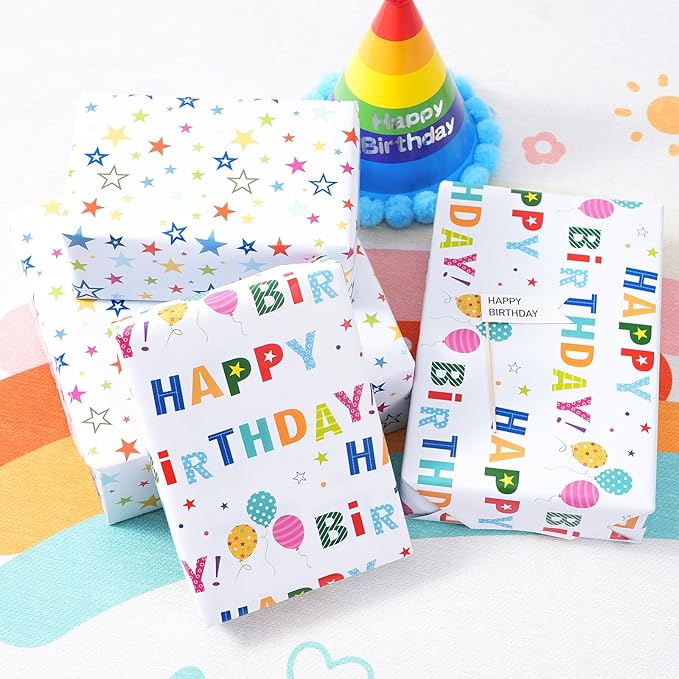 Reversible Birthday Wrapping Paper Roll for Boys Girls Kids - Mini Roll - 17 Inches X 33 Feet - Colorful Happy Birthday Lettering Balloon and Stars Design for Boy Girls Kids