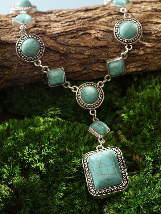 MINACHI Bohemian Created Turquoise Beaded Y-Necklace, Turquoise-toned Multi-shaped Pendant, Dainty Elegant Jewelry for Women
