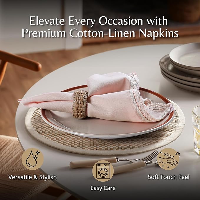 Ramanta Home Linen Flax Cloth Napkins Set of 12| 18x18 Inch | Premium Cotton Linen Flax Lace Soft & Durable | Washable Ideal for Everyday Use Parties Thanksgiving Christmas Halloween Pink