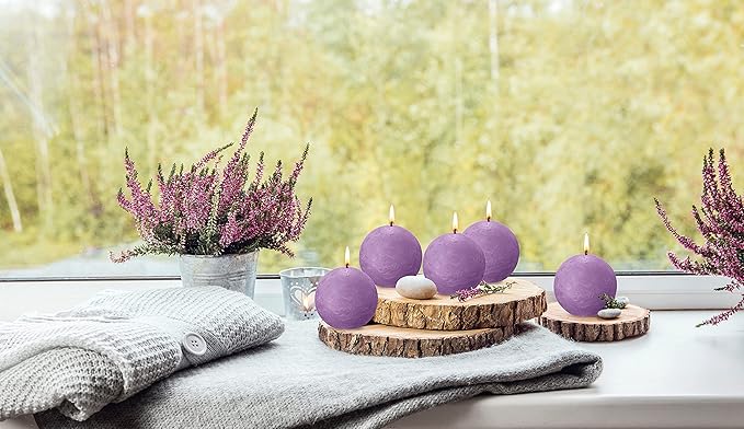 BOLSIUS 3 Pack Vibrant Violet (Purple) Rustic Ball Pillar Candles - 3 Inch - Premium European Quality - Includes Natural Plant-Based Wax - Unscented Dripless Smokeless 25 Hour Party Décor Candles