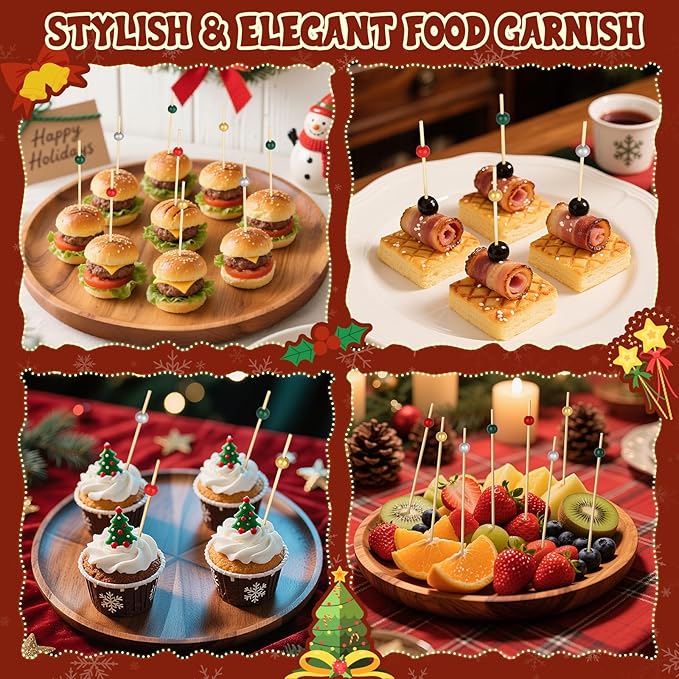 200PCS Christmas Cocktail Picks, Fancy Bamboo Toothpicks for Appetizers Drinks Food Fruit, 4.7 IN Wooden Pearl Skewers Charcuterie Sticks, Christmas Party Supplies Decorations (Red/Green/Gold/Silver)