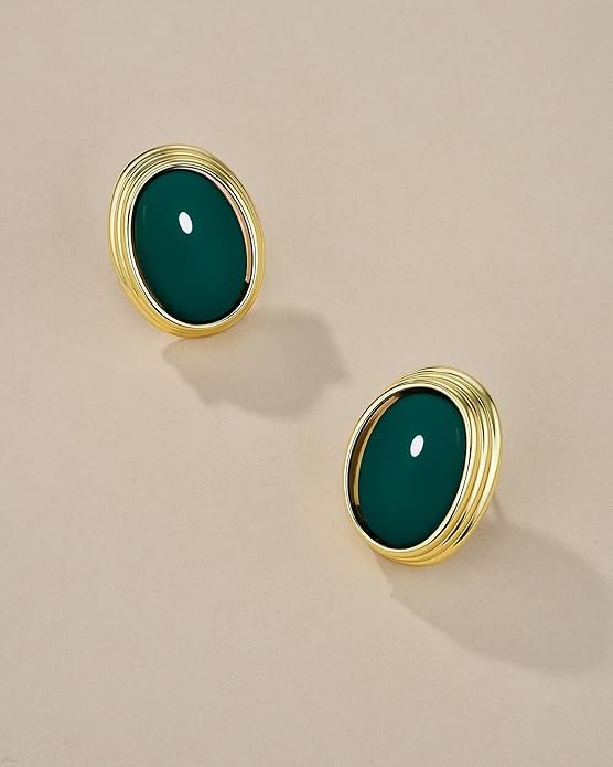 SNGIA18K Gold Plated Burgundy Maroon Red Carnelian Round Oval Ribbed Button Chunky Statement Earrings for Women by SNGIA, Bold Handmade Exaggerated Dome Retro Rounded Button Trendy Bohemian Gemstone Stud Jewelry Gifts, Unique Vintage Baroque Stone Summ...