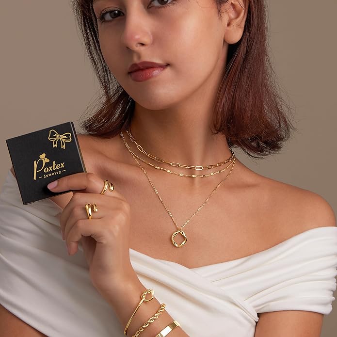 Layered Gold Necklaces for Women, Stackable Dainty 14K Gold Silver Plated Trendy Simple Heart Diamond Cross Bow Circle Pendant Paperclip Choker Dot Chain Necklace,Jewelry Set Gifts for Women