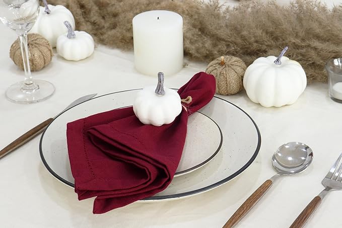 PurpleEssences Set of 6 Hemstitch Cloth Dinner Napkins 100% Cotton - Soft Durable Washable - Ideal for Wedding Christmas Holiday Winter - Perfect Everyday Use Table Linen 18x18 - Burgundy