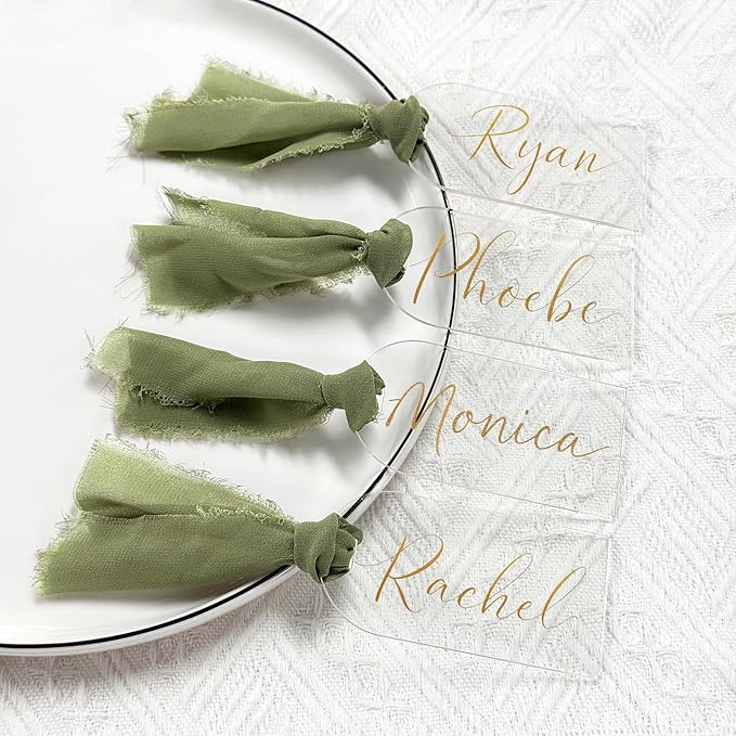 10Pcs Acrylic Place Card for Wedding Clear Transparent Acrylic DIY Table Seating Cards Wedding Supplies with Green Ribbon