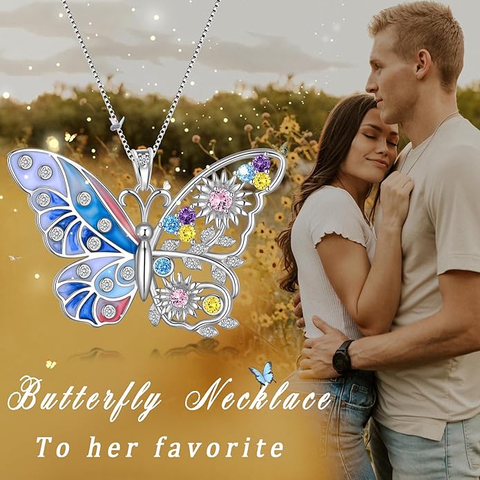 Aurora Tears 925 Sterling Silver Butterfly Flower Pendant Necklace - Colorful Enamel Zircon Adjustable Chain Jewelry Gift for Women Her