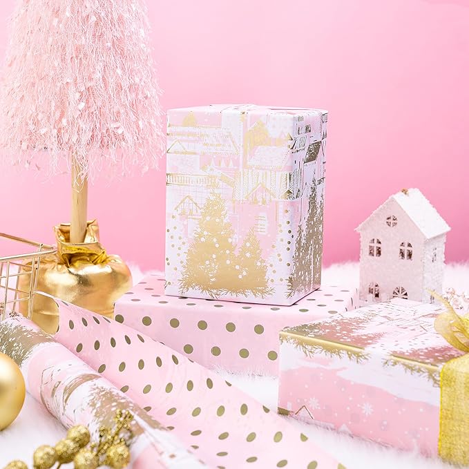 RUSPEPA Reversible Christmas Wrapping Paper Roll, Mini Roll, Pink Gold Winter Landscape with Snowflake Pattern, Gold Polka Dot Design Gift Wrap for Girls, Friends, Holiday Gifts, 17 Inches x 32.8 Feet