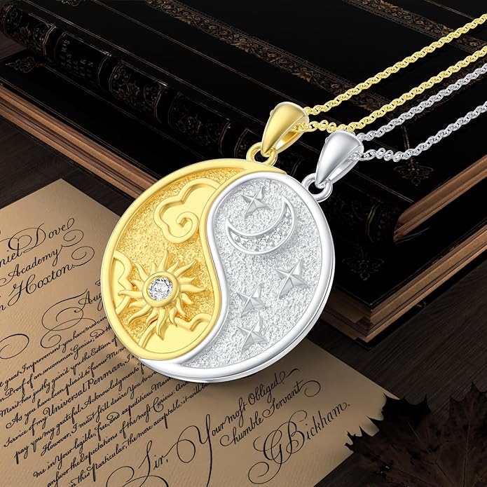 Diamond Sun and Moon Yin Yang Necklace for Couple Best Friend 925 Sterling Silver Yin Yang Matching Necklace with Lab Grown Diamond Jewelry Gifts Couple Friendship BFF Necklace for 2