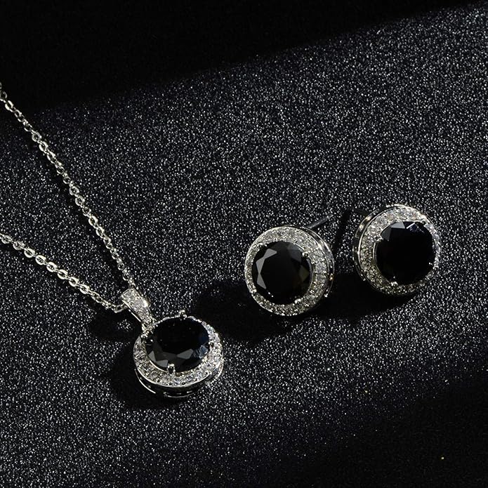 Bridal Crystal Jewelry Set - Sterling Silver Round Cubic Zirconia CZ Rhinestone Halo Birthstone Pendant Necklace Stud Earrings Set for Wedding Bride Bridesmaids Birthday Gift