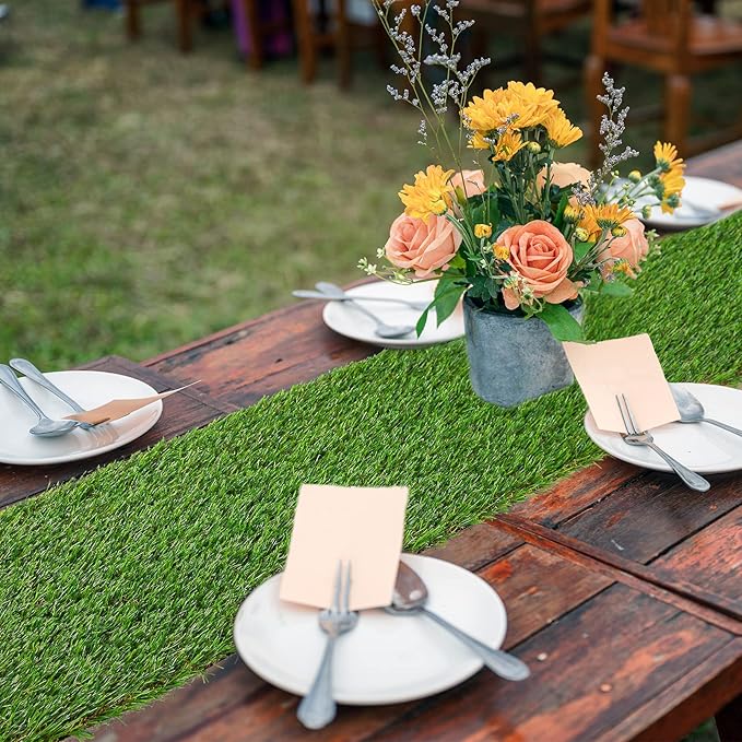 GLOBREEN Artificial Grass Table Runner 60 Inches - Green Fake Grass Turf Table Centerpiece for Football Golf Football Party Birthday Decorations Event Wedding Alice in Wonderland