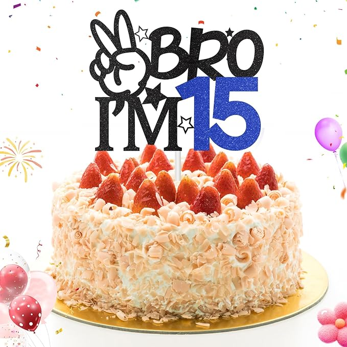 Bro I'm 15 Cake Topper, 15th Birthday Decorations for Boy, Glitter Funny 15th Birthday Cake Topper, Big Brother 15 Year Old Birthday Party Decoration Supplies