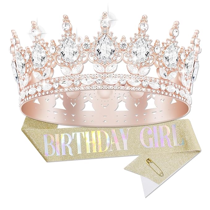 Queen Crown Birthday Set for Women - Tiara, Sash, Princess Rhinestone Headband - Sweet Happy Accessories