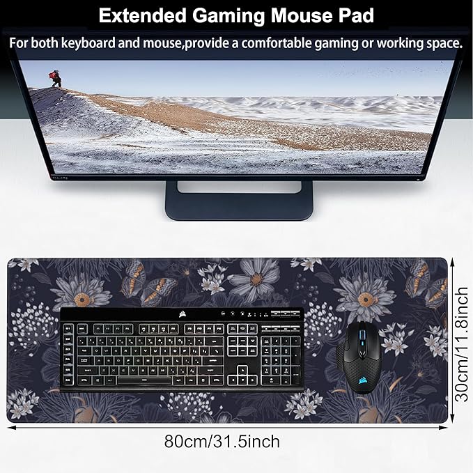 Wildflowers and Insects Desk Mat,Large Cute Flowers Butterflies and Dragonflies Gaming Keyboard Mouse Pad,Non-Slip Rubber Base Desk Pad Thick Stitched Edges Waterproof Mousepad Mouse Mat 31.5"x11.8"