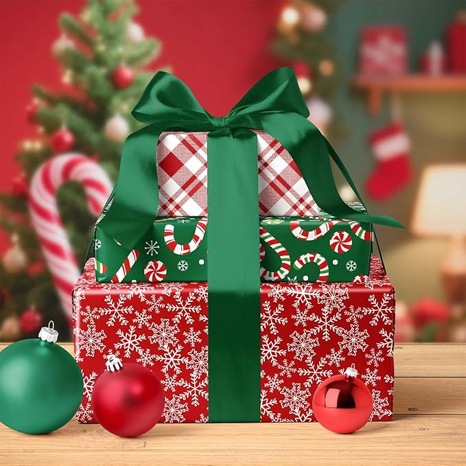LaRibbons Reversible Christmas Wrapping Paper Roll, White Small Dots & Snow Flakes on Red Design, Classic Gift Wrap Paper for Xmas, Holiday Celebration, 17 Inch X 33 Feet
