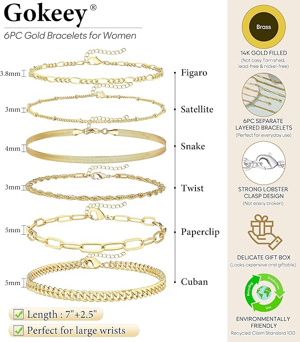 Gold Bracelets Set for Women Non Tarnish Trendy,14K Gold Plated Dainty Stackable Paperclip Cuban Link Chain Bracelets, Simple Cute Cuff Bracelets Jewelry Set Adjustable 7"+2"