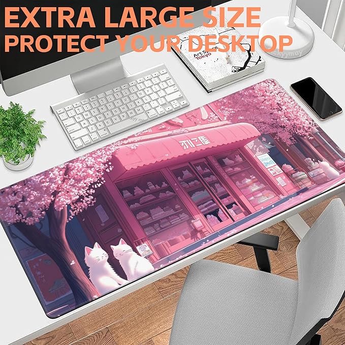 Mouse Pad Large Cake Shop and White Cats Non-Slip Gaming Desk Mat with Stitched Edge Laptop Keyboard Desk Pad for Work Home Gaming (35.4 x 15.7 Inches)