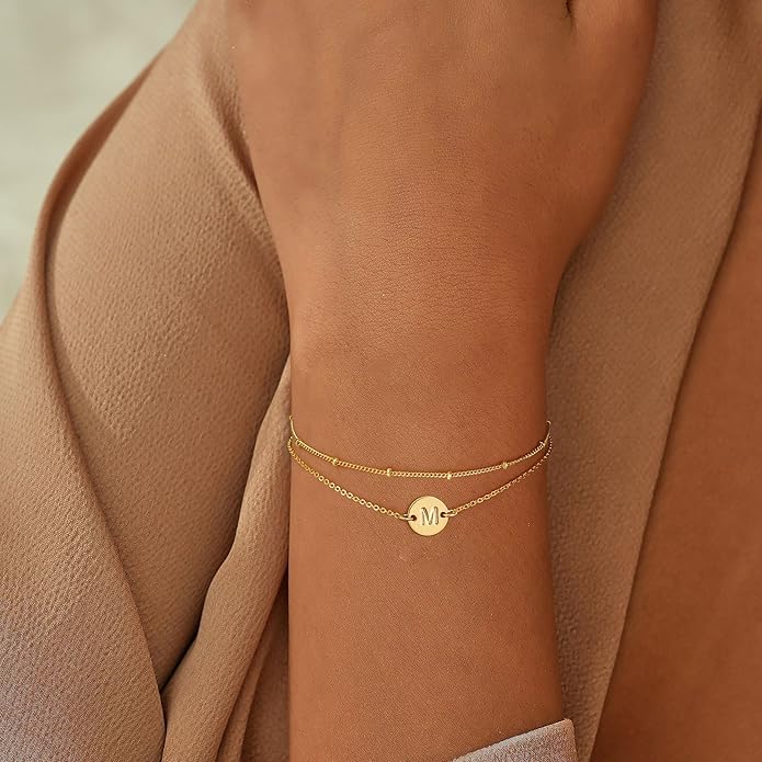 Valentines Day Gifts Initial Bracelets Gifts for Women Trendy - 18K Gold Plated Letter Bracelet Dainty Disc Monogram Charm Bracelet
