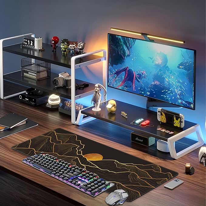 Golden Mountain and Moon Desk Mat,Large Luxury Gold Line Art Gaming Keyboard Mouse Pad,Non-Slip Rubber Base Desk Pad Thick Stitched Edges Waterproof Mousepad Mouse Mat 31.5"x11.8"
