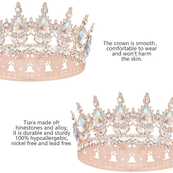 Rose Gold Princess Crown - Glamorous Wedding & Party Tiara for Women & Girls - Sparkling Rhinestones - Comfortable & Hypoallergenic - Perfect for Halloween, Prom, Birthday, Wedding & More