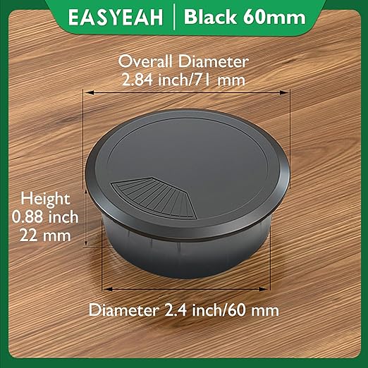 2 Pcs Desk Grommet 2-3/8" / 60 mm, Desk Cord Hole Cover, Cable Grommet ABS Plastic, Desk Hole Grommet for Home & Office Pc, Detachable Adjustable Cable Cord Organizer-Black