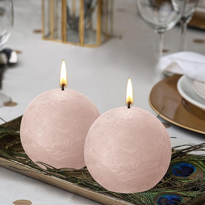 BOLSIUS 3 Pack Misty Pink Rustic Ball Pillar Candles - 3 Inch - Premium European Quality - Includes Natural Plant-Based Wax - Unscented Dripless Smokeless 25 Hour Party Décor and Wedding Candles